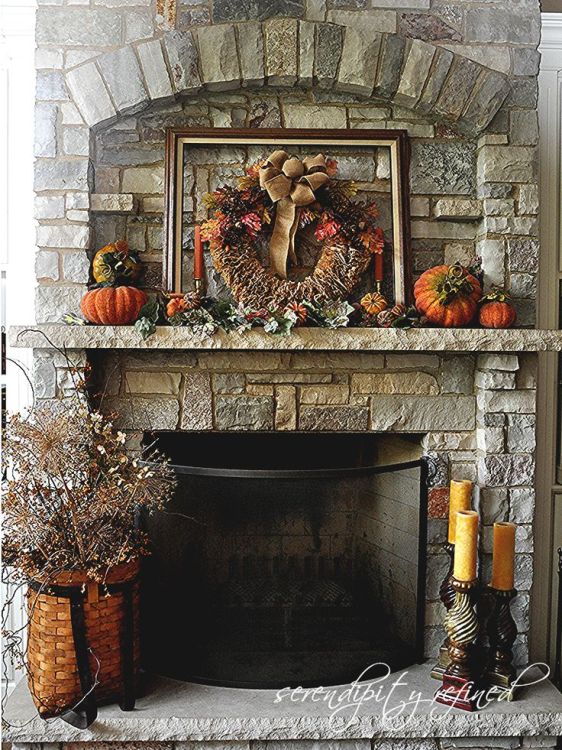 Fire Place Decoration From Christmas Wreath & Pumpkin